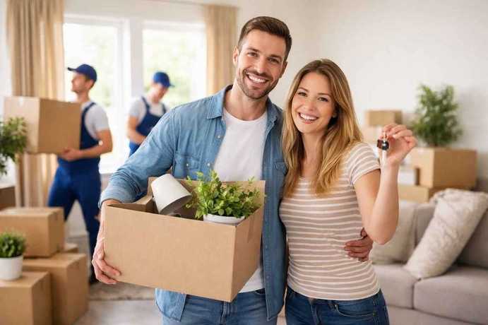 pareja feliz con dos operarios de mudanzas BuscaTrans trabajando