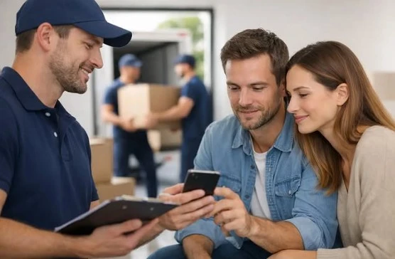 Clientes particulares satisfechos y operarios trabajando con su mudanza