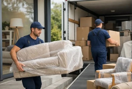 2 operarios de mudanzas BuscaTran cargando un sofa en el camion de mudanzas e Terrasa