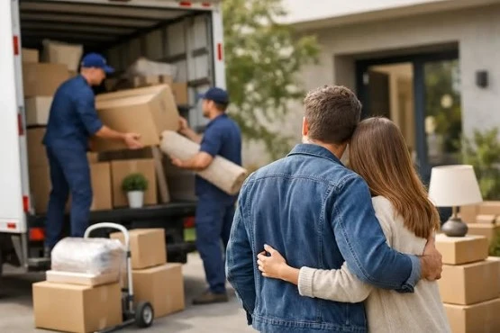Pareja feliz con dos operarios de mudanzas BuscaTrans cargando camion