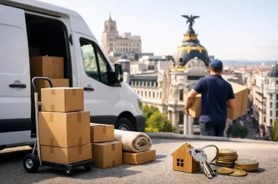 Furgoneta y operario descargando cajas compartidas de Bcn a Madrid con BuscaTrans